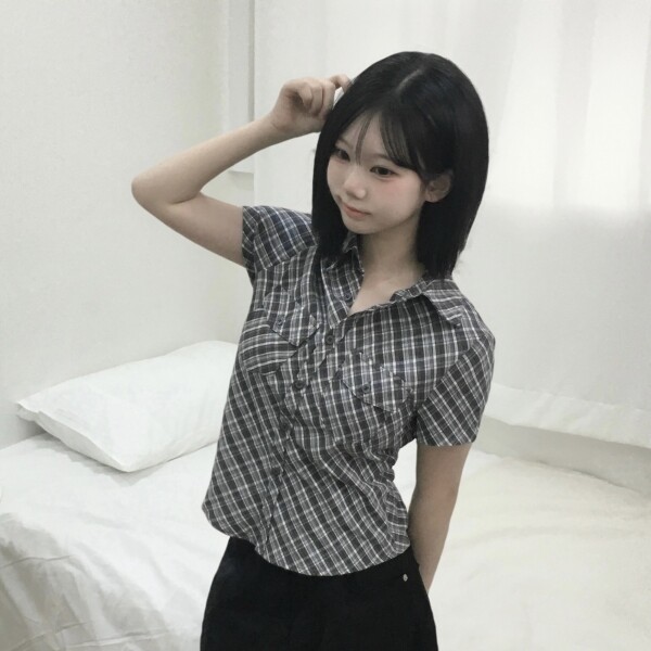 틴스튜디오,123# 체크 포켓 카라 반팔 셔츠 - (2color)